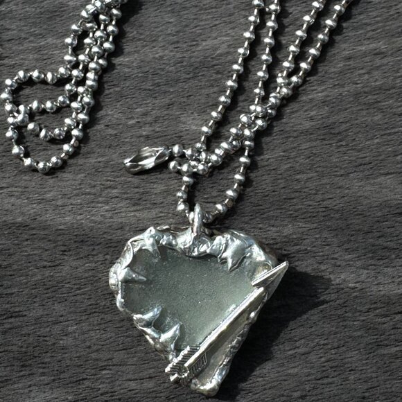 Artisan Sea Glass Heart Pendant With Silver Metalwork Arrow “Struck by Cupid” - Picture 3 of 15
